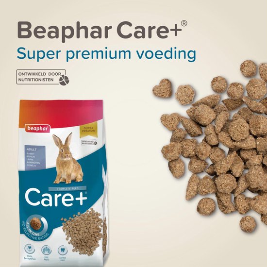 Zak Beaphar Care+ konijnenvoer met bruin konijn, 'Super premium voeding' en brokjes. Ontwikkeld door nutritionisten.