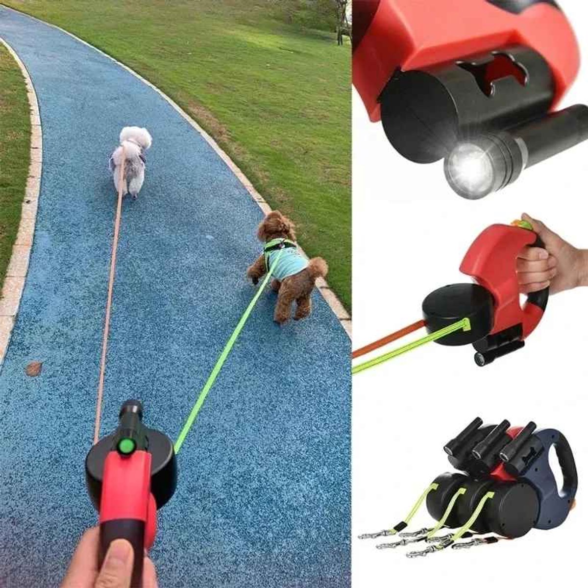 Casa Living Dubbele Hondenriem - Intrekbaar 3 Meter - LED Verlichting - Anti-Klit Systeem - Voor 2 Honden - Kunststof & Nylon - Zwart thumbnail 6