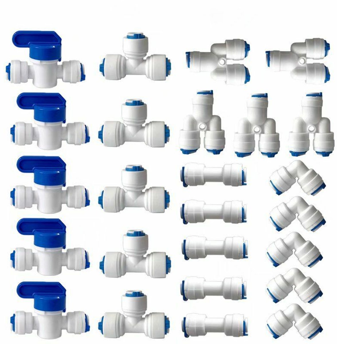 Waterfilter omgekeerde osmose fitting, 1/4" (6 mm) rechte pushfit fitting voor waterfilterslang, koelkastfittingen (Y + T + I + L combinatieklep + afsluitklep) 25 stuks