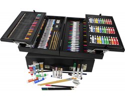 174-delige Schilder- en Tekenset in Houten Koffer – Tekenkoffer met Verf, Potloden, Stiften, Pastels, Penselen en Accessoires – Zwart