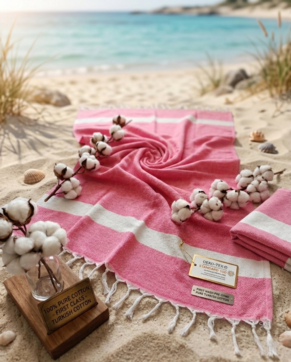 Phlora Strandlaken - Roze - Diamant Weving - 100% Turks Katoen - 95x170cm - OEKO-TEX- Voorgewassen Handdoek & Extra Zacht-Luxe Hamamdoek-Ideaal Cadeau voor Moeders & Bruidspaar - Luxe Verwen Moment voor Zomervakantie - Sneldrogend & Zandvrij - Sauna