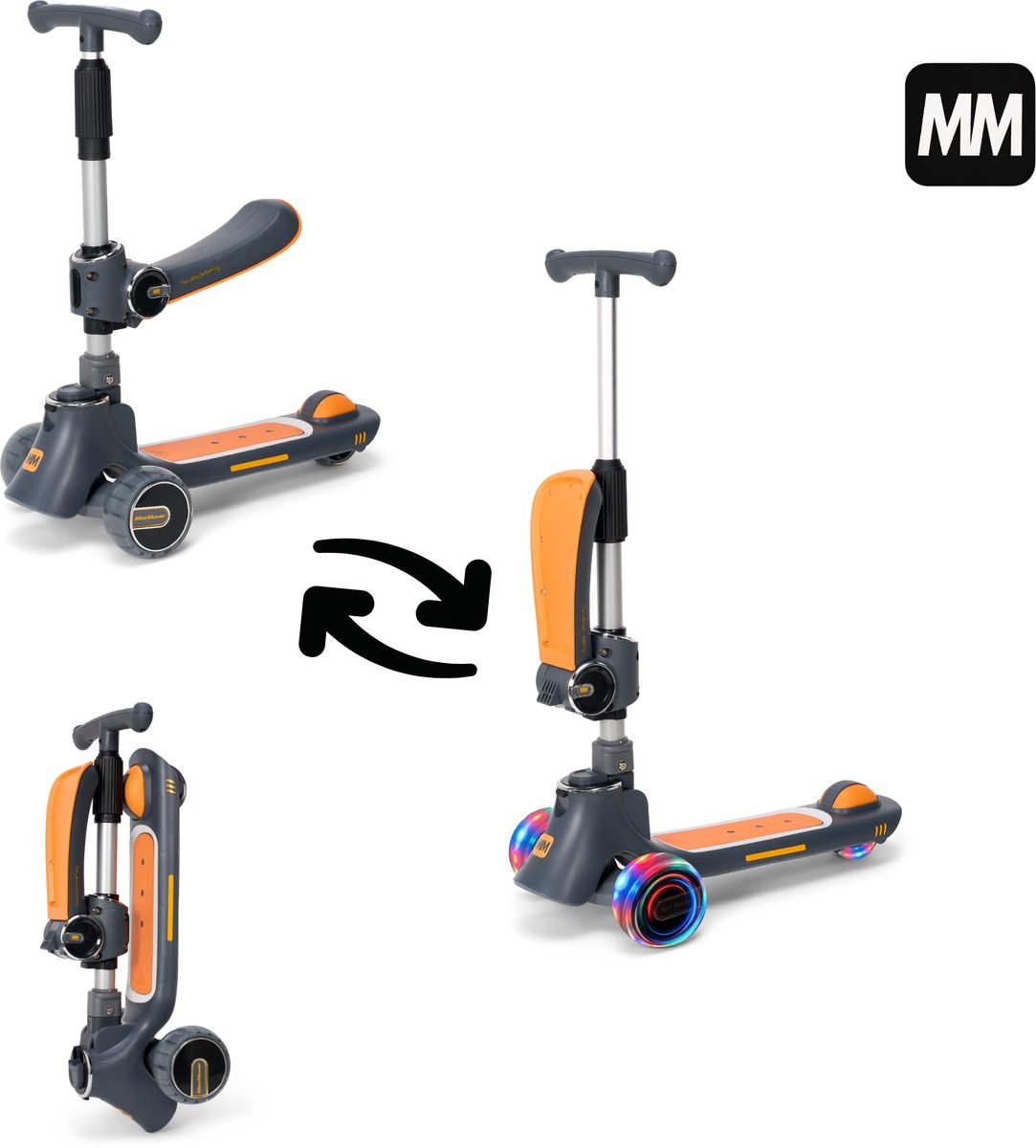MiniMover Kinderstep 2-in-1 - Zwart - Loopfiets en Step - LED Wielen - 3 Wielen - Tot 50 kg