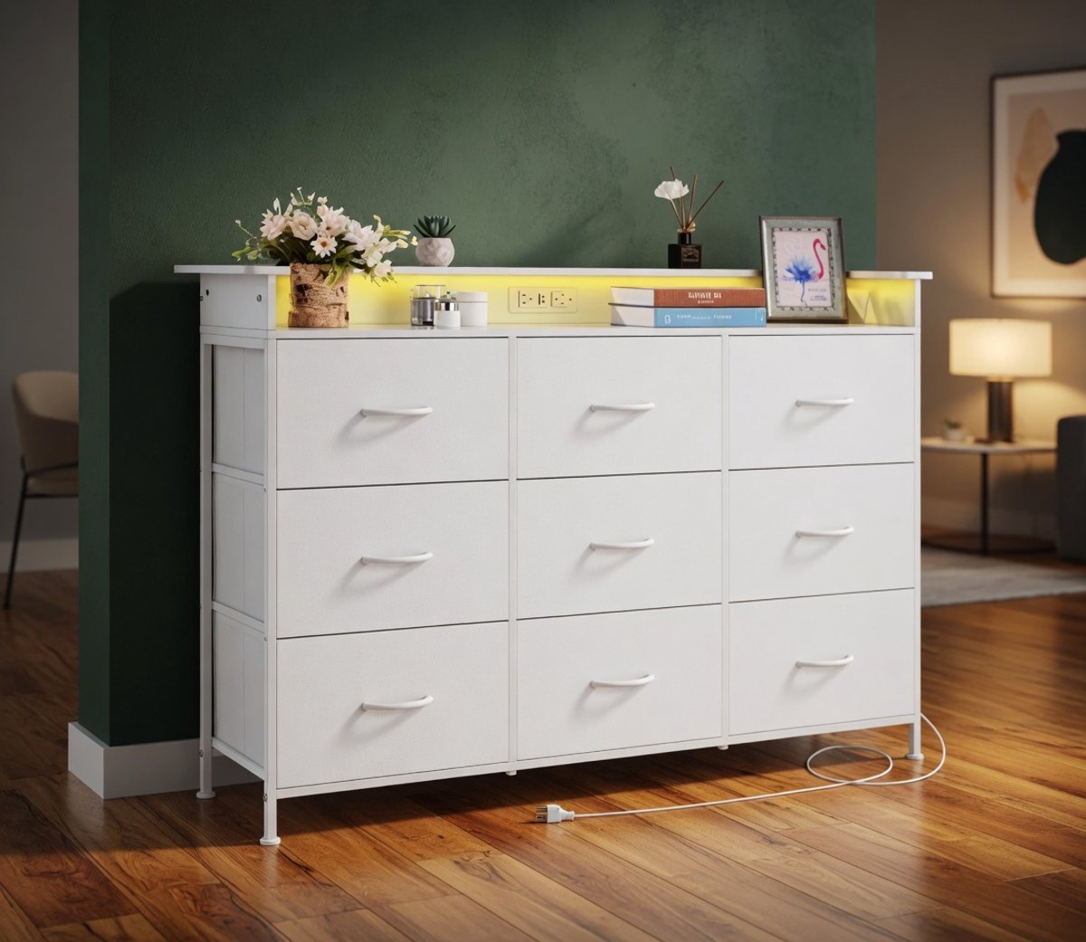 XL Stoffen Commode Kast met 9 Laden – Industrieel Opbergmeubel met LED Verlichting en Stopcontact – Metalen Frame Ladekast 126 cm – Slaapkamer, Hal of Woonkamer Organizer – Mobili Bella