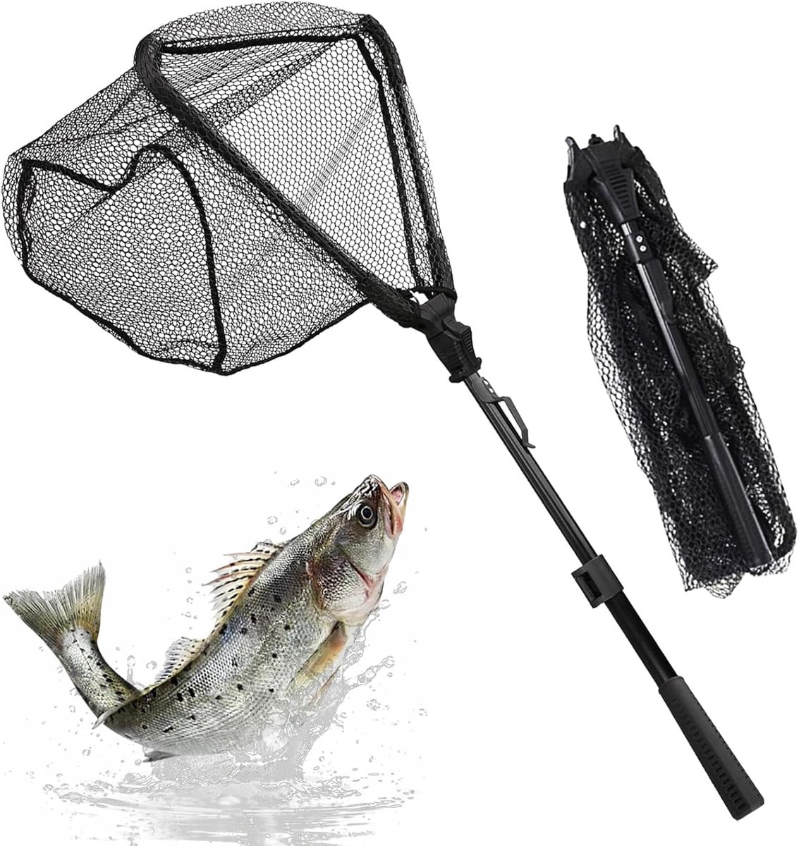 Vouwbare Vissen Net - Driehoek 90 cm met Rubber Landing Net - Telescopisch voor Buiten - Vogel Vissen - Forel - Aquarium - Karper - Vissen Benodigdheden - Visgerei