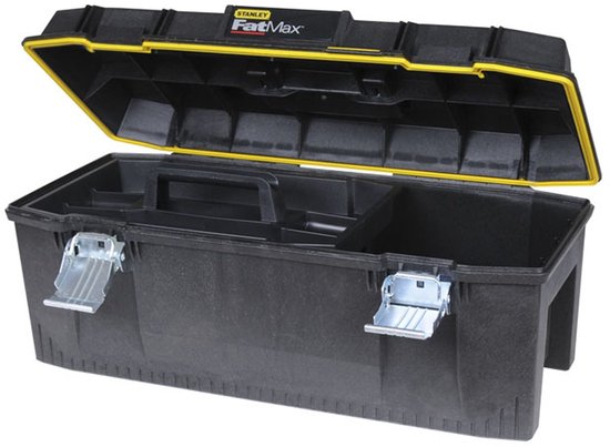 Zwarte Stanley FatMax gereedschapskoffer met gele rand en deksel open.