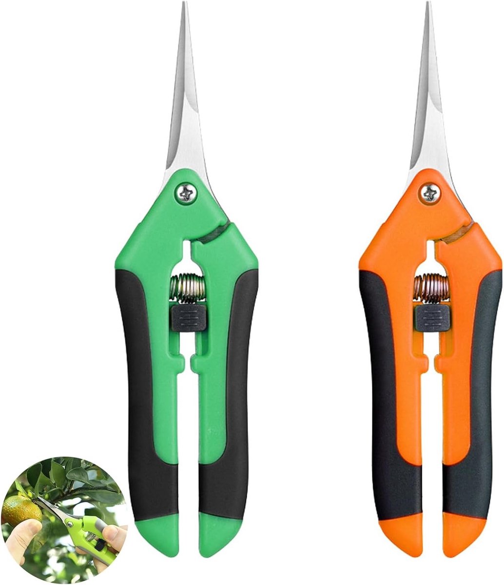 Snoeischaar set voor planten en bonsai, roestvrijstalen oogschaar met antislip handvat, 2 stuks in groen en oranje kleur.