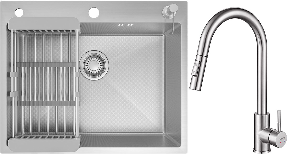 CECIPA max Spoelbak 60x49CM - Met keukenkraan met uittrekbare uitloop - Inbouwspoelbak - Spoelbak Keuken RVS - Spoelbak Met Kraangat - Spoelbak Met Zeepdispenser - Verstelbaar Mandje - Overloop en Sifon