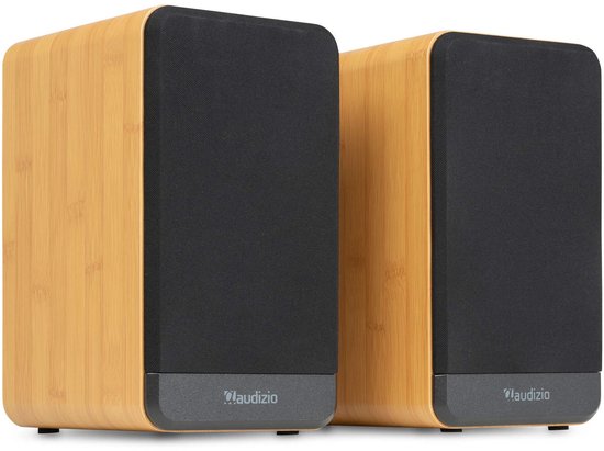 Set van twee compacte houten speakers met zwarte voorkant en grijze onderkant.