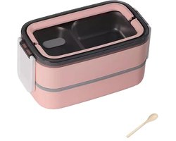 Dubbellaagse Bento-box (1400 ml) — Met tussenschotten — Grote inhoud — Lekvrij — Roestvrij staal — Luchtdichte afsluiting — Inclusief bestekset — BPA-vrij — Geschikt voor ontbijt — Gemakkelijk mee te nemen — Magnetronbestendig