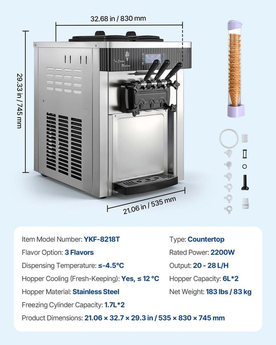 Softijsmachine / Softijs Machine - Commercieel Tafelmodel - Capaciteit 20–28 l/uur - Vermogen 2200 W - Twee 6 l Containers - Voorkoeling - Zelfreiniging - LED-display - Zilver van Merkloos — afbeelding 5