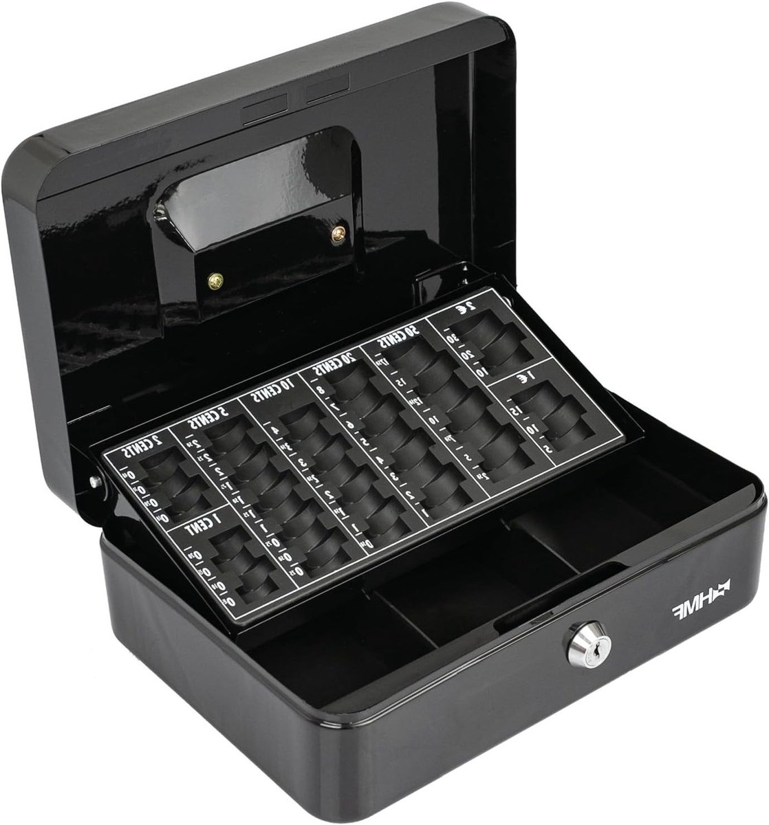 Lockable cash cassette met munten teller, 3 vakken voor bankbiljetten, 25 x 18 x 9 cm, zwart, ideaal voor winkels en evenementen