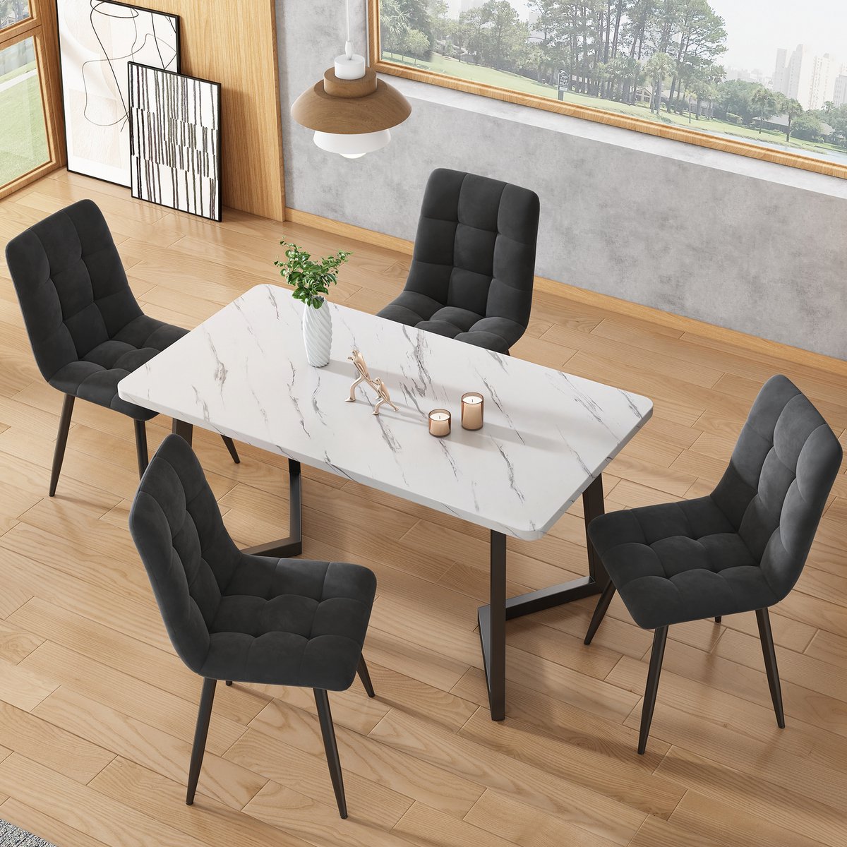 FloraGrace Eethoek 117 x 68 cm - Eettafel Met 4 Stoelen - Ruimtebesparend Voor Keuken En Eetkamer - MDF En Fluweel - Grijs