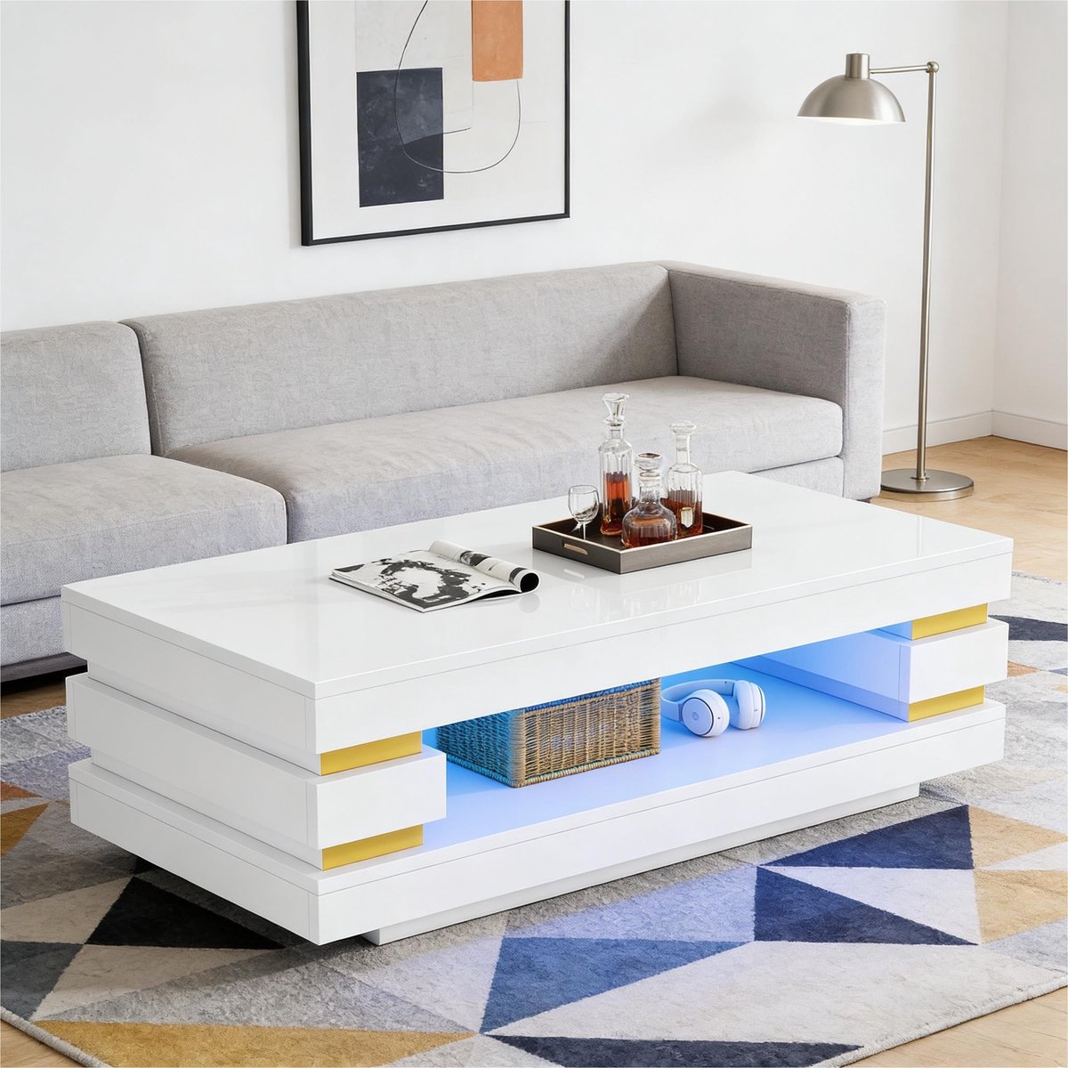 PHOEBE CAT Salontafel - Hoogglans - LED-verlichting - Opbergruimte - 100 × 50 × 35 cm - Spaanplaat - Wit