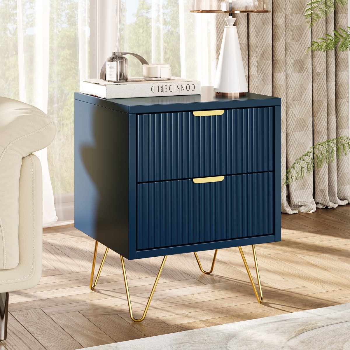 Commode met 2 lades, blauw bijzettafeltje met metalen poten, ladekast, moderne stijl, voor slaapkamer, woonkamer, hal, kantoor, 40 x 35,5 x 50 cm