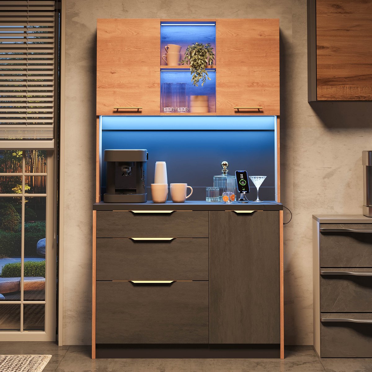 Clruro Keukenkast - 100x40x180 cm - Met LED Verlichting en Stopcontact - Met Werkblad - Hout - Zonder Kleur Naturel