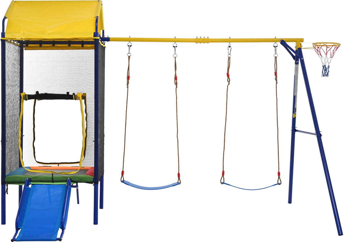 GL Tower - Multifunctionele Outdoor Speeltoren - Trampoline & Glijbaan - Dubbele Schommel - Veiligheidsnet & Basketbal 336x217x238 cm