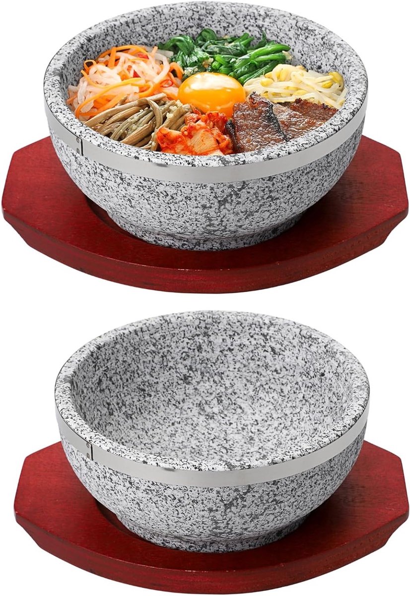 Koreaanse stenen kommen voor soep, met houten trays en granieten dolsot bibimbap potten, 2 stuks voor authentiek koken