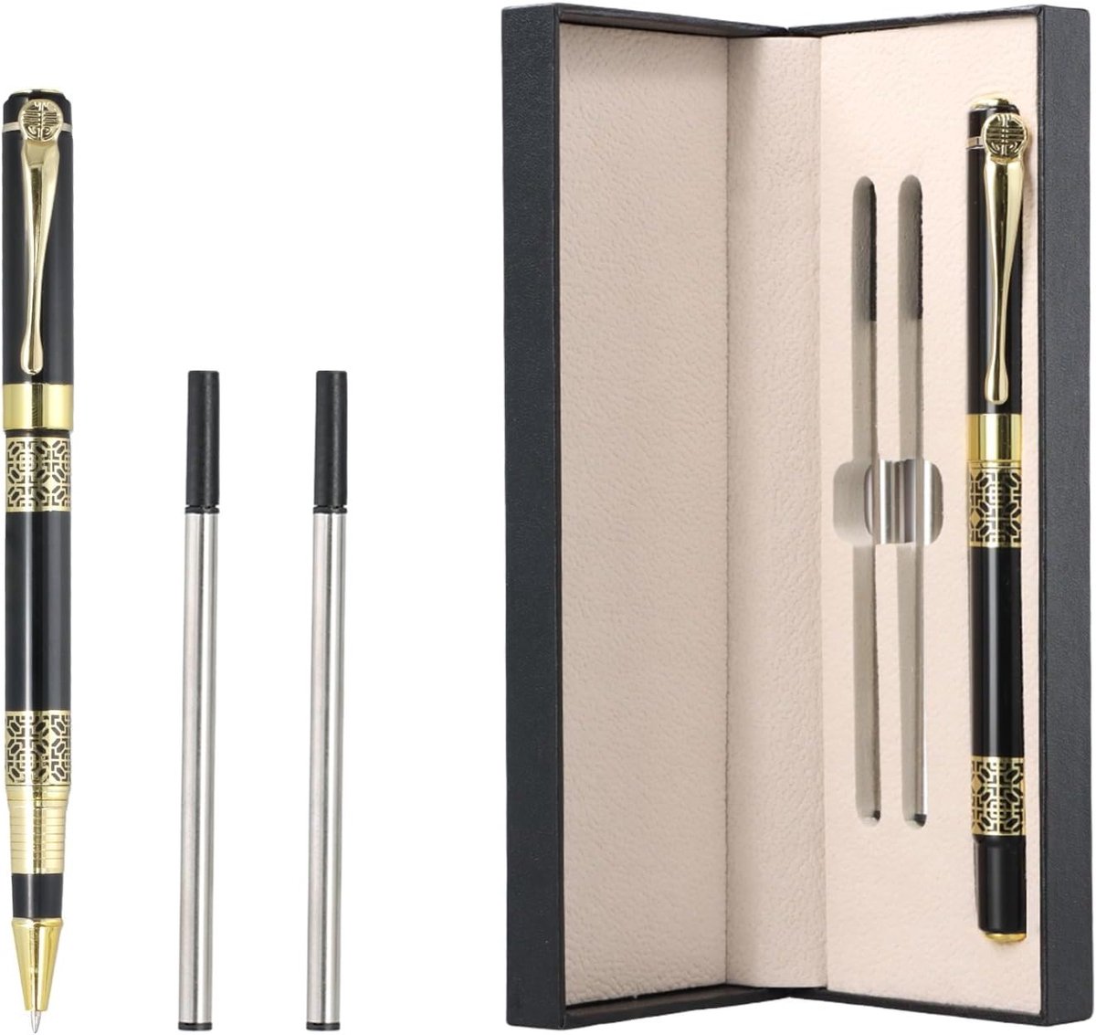 Elegante 0.5 mm rollerball pen met zwarte inkt, schrijfpennen set met 2 navullingen en cadeauverpakking, ideaal voor mannen en vrouwen
