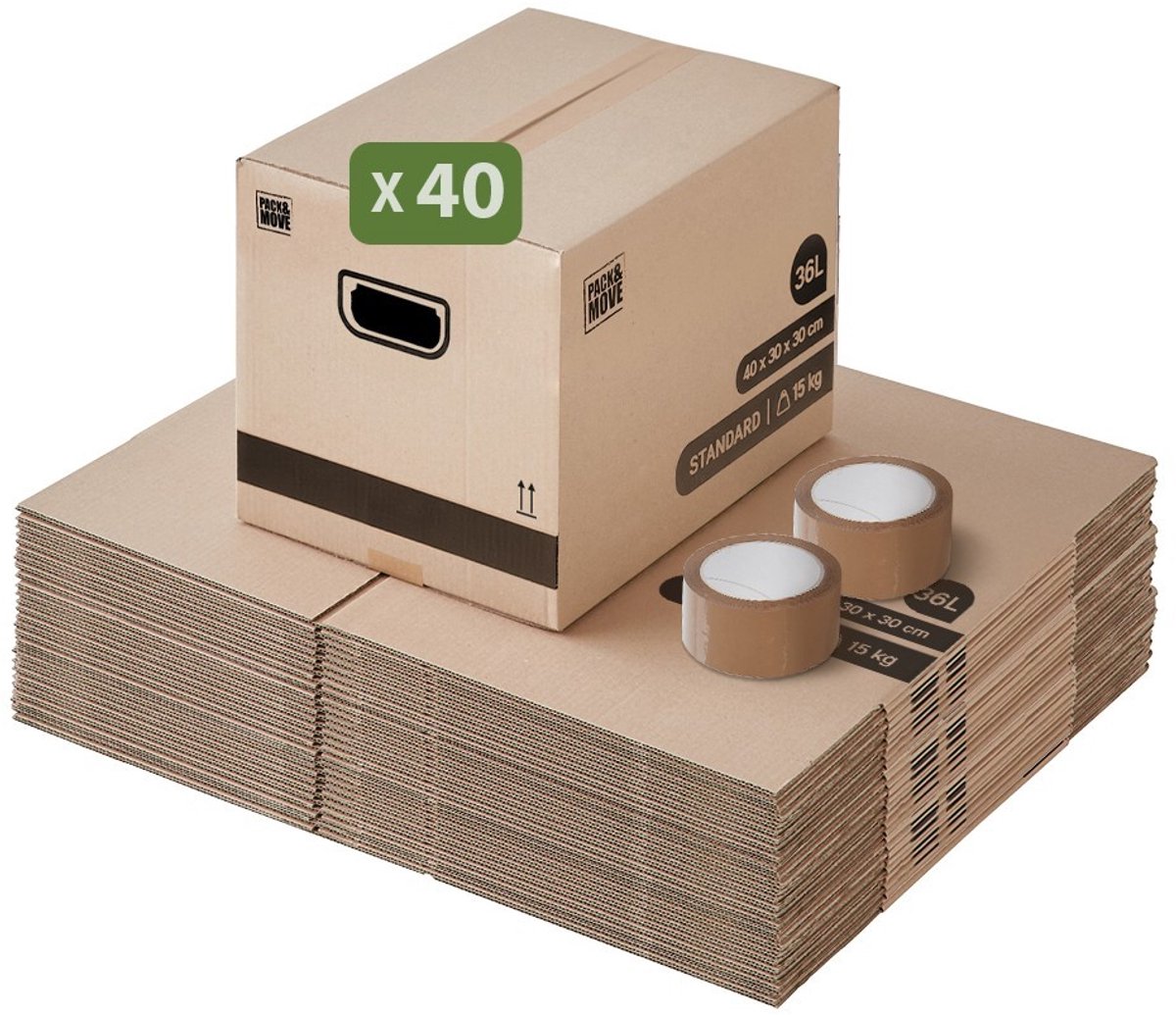 Pack and Move - Set 40 verhuisdozen opslag boeken - 40 x 30 x 30 cm - Versterkte handgrepen - 2 tapes gratis