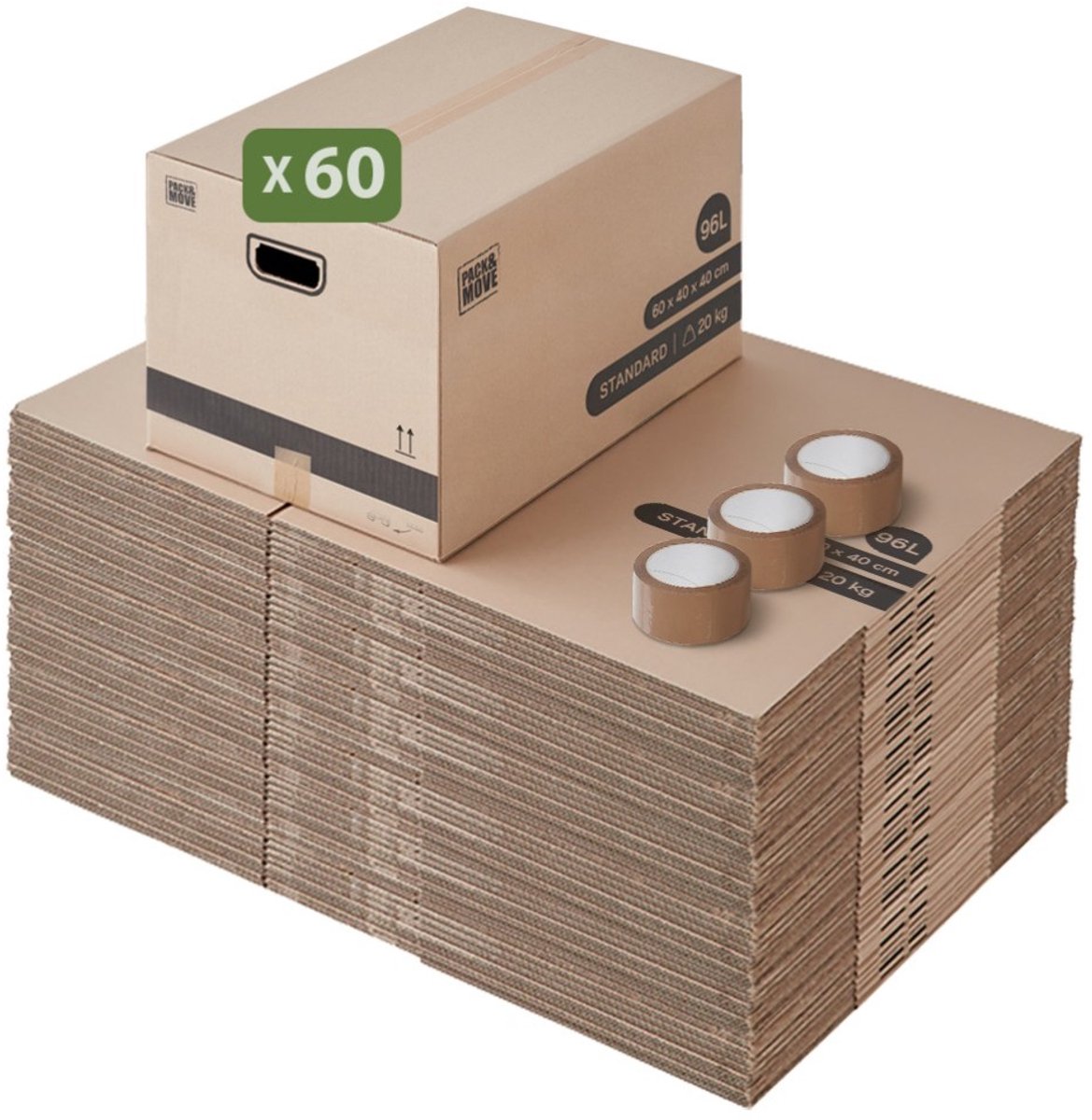Pack and Move - Set 60 verhuisdozen L breed - 40 x 60 x 40 cm - Versterkte handgrepen - 3 tapes gratis
