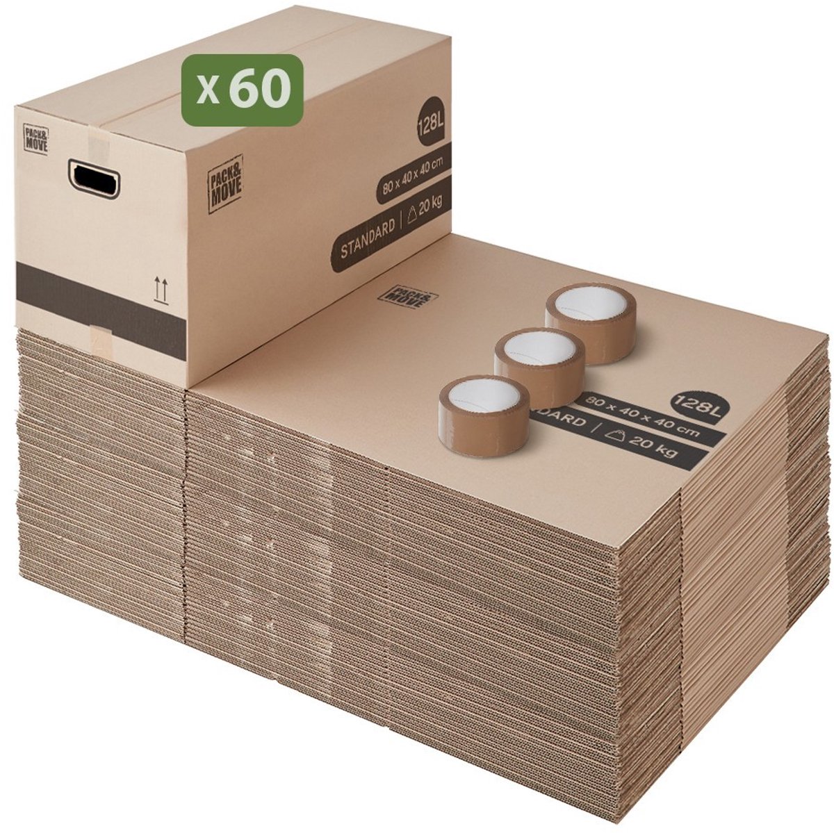 Pack and Move - Set 60 verhuisdozen XL - 80 x 40 x 40 cm - Versterkte handgrepen - 3 tapes gratis