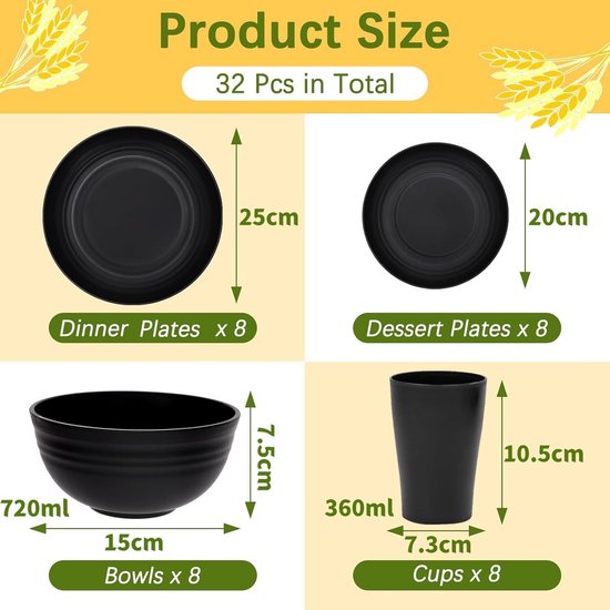 32-Delige Camping Servies Set voor 8 Personen - Lichtgewicht Herbruikbaar Plastic Servies met Kom - Bord - Bekers - Milieuvriendelijk Schokbestendig Plastic Servies voor Picknick — afbeelding 5