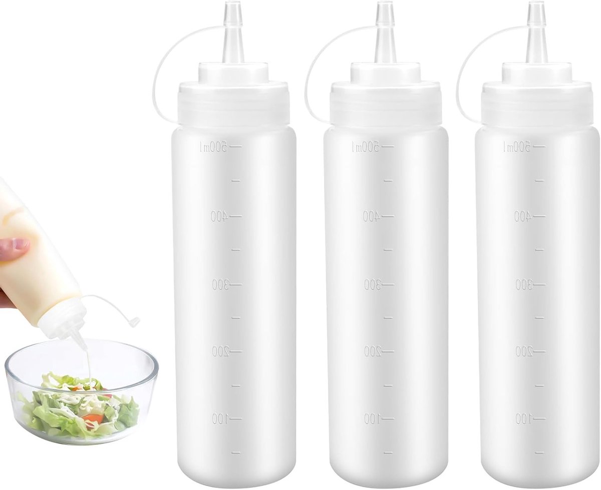 Set van 3 Transparante Plastic Knijpflesjes van 500ml - Lekvrije Flessen voor Ketchup, Sau