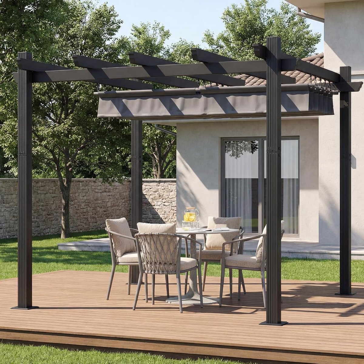 Pergola met Schuifdak 3x3m Waterdicht Aluminium Tuinpaviljoen – Verstelbare Zonwering, UV-bestendig, Weerbestendig & Wintervast voor Tuin, Terras en Balkon – Grijs | Nicolehome