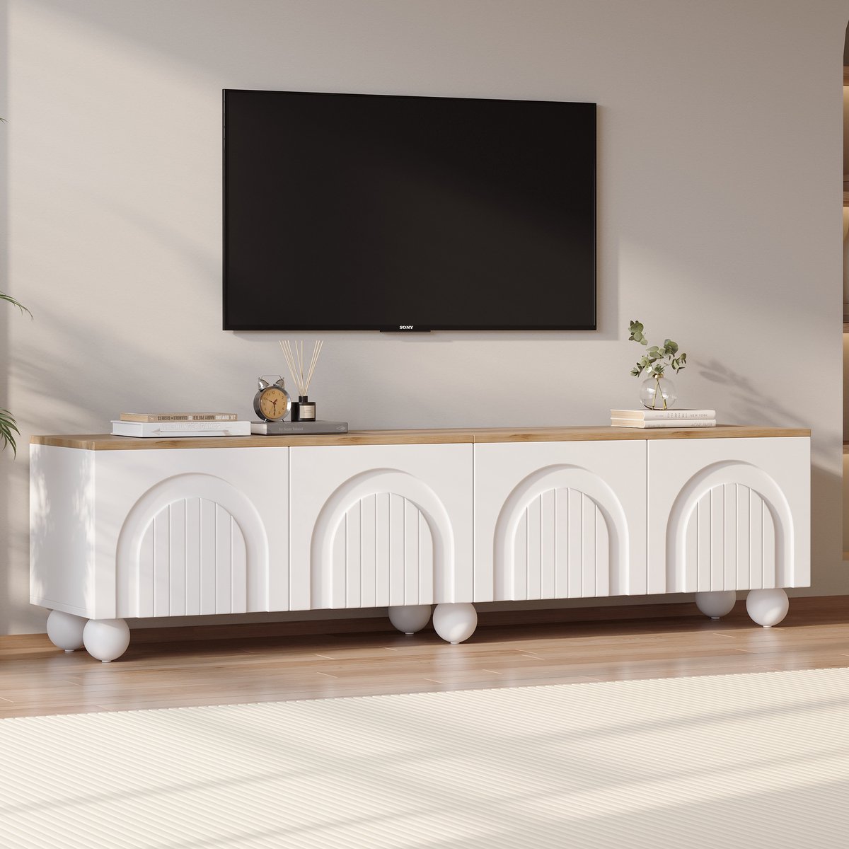 Zubaliya TV-meubel 180x40x45cm - 4 Opbergvakken met Metalen Poten - Hout/Wit