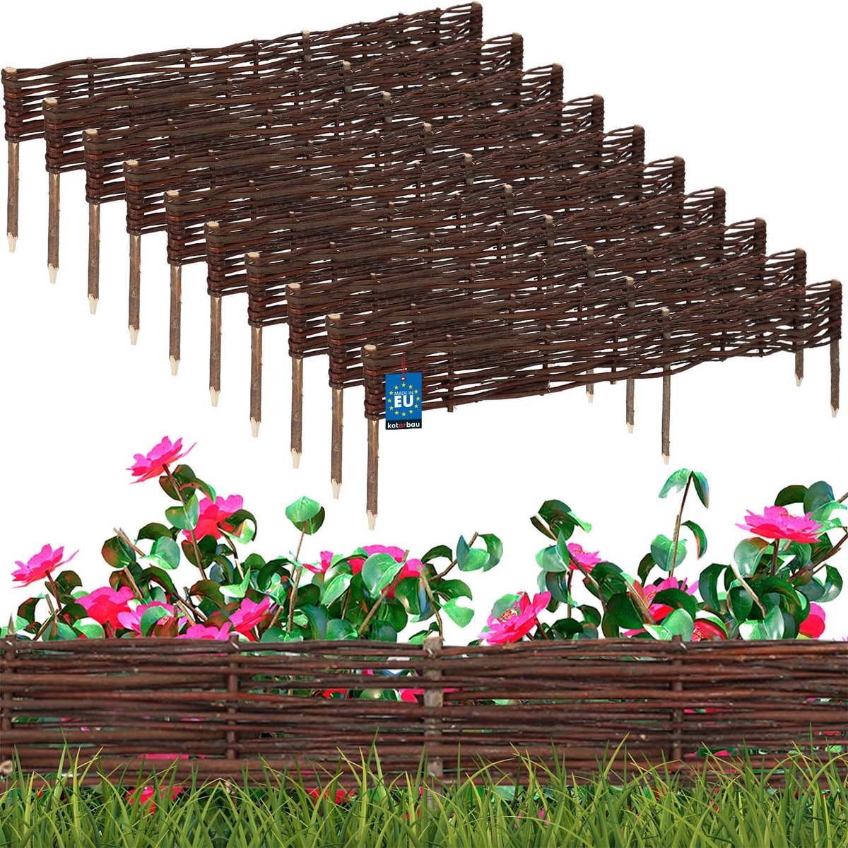KOTARBAU® 10 st Bloembedrand, Wilgenhouten Hek, Beeteinfassing, 120 x 10 cm, Bruin, Tuinafscheiding, Houten Tuinhek, Schapenhek