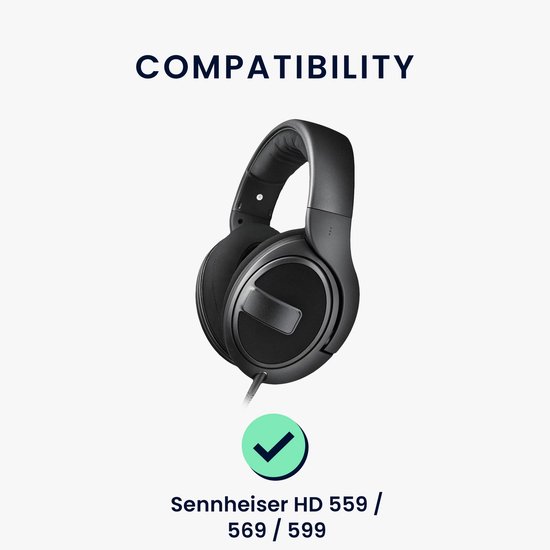 Zwarte Sennheiser HD 559 / 569 / 599 koptelefoon, afgebeeld met een groen vinkje voor compatibiliteit.