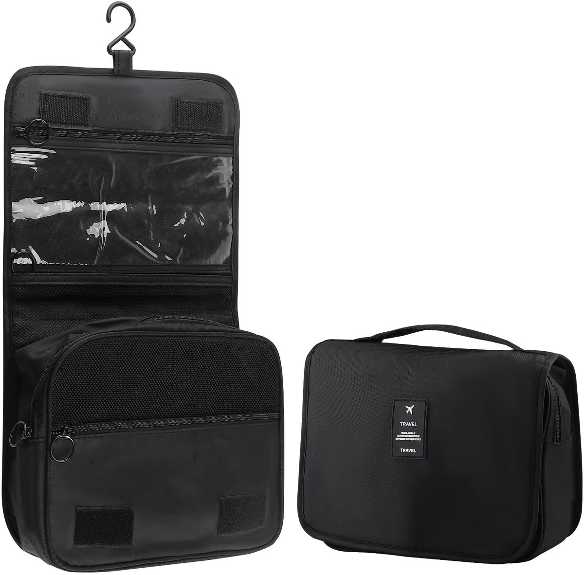 carmdering - Reistoilettas - Toilettas - Cosmetische tas - Opbergtas - Lichtgewicht en opvouwbaar, van zacht en stevig materiaal - Perfect voor reis, sport en dagelijks gebruik - Inklapbaar tot compact formaat, past in koffer of onder bed - Zwart