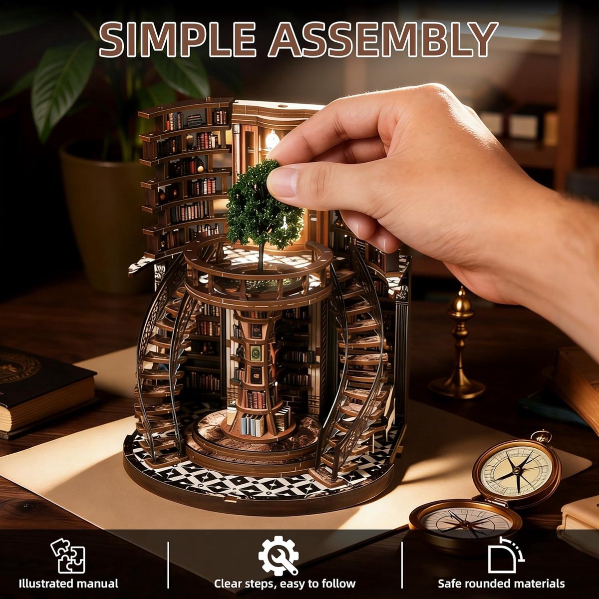 Miniatuur Bouwpakket-DIY Book Nook Kit-DIY Miniatuur Boekenkast met LED & Deur – Houten 3D Puzzel Bibliotheek – Touch Verlichting – Decoratie & Cadeau voor Volwassenen — afbeelding 4