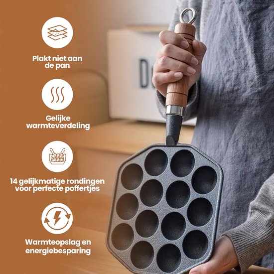Hand houdt gietijzeren poffertjespan met 14 holtes vast. Iconen tonen anti-aanbaklaag, warmteverdeling en energiebesparing.