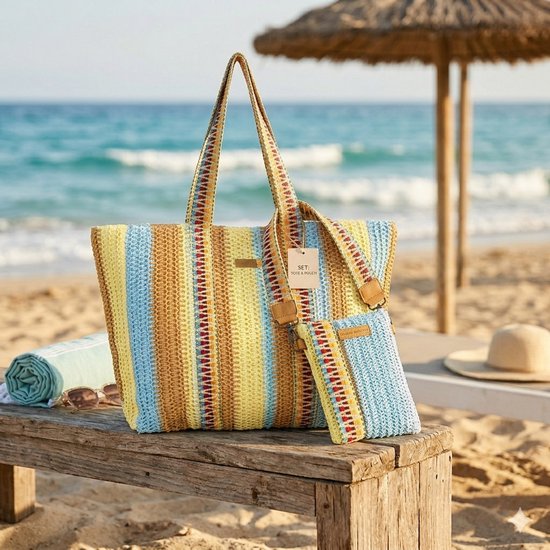 Enrico Benetti Marbella Set – Rieten Strandtas & Telefoontasje Multicolor 3 – Zomerse Shopper + Schoudertas