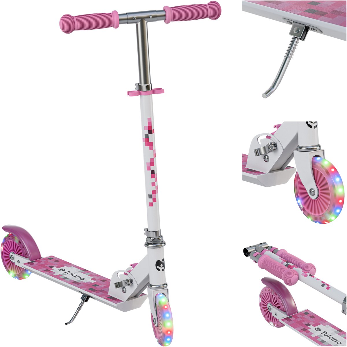 Tulano Zigzag - Kinderstep – Kinderscooter - opvouwbaar – met verlichte LED-wielen – met standaard – rose