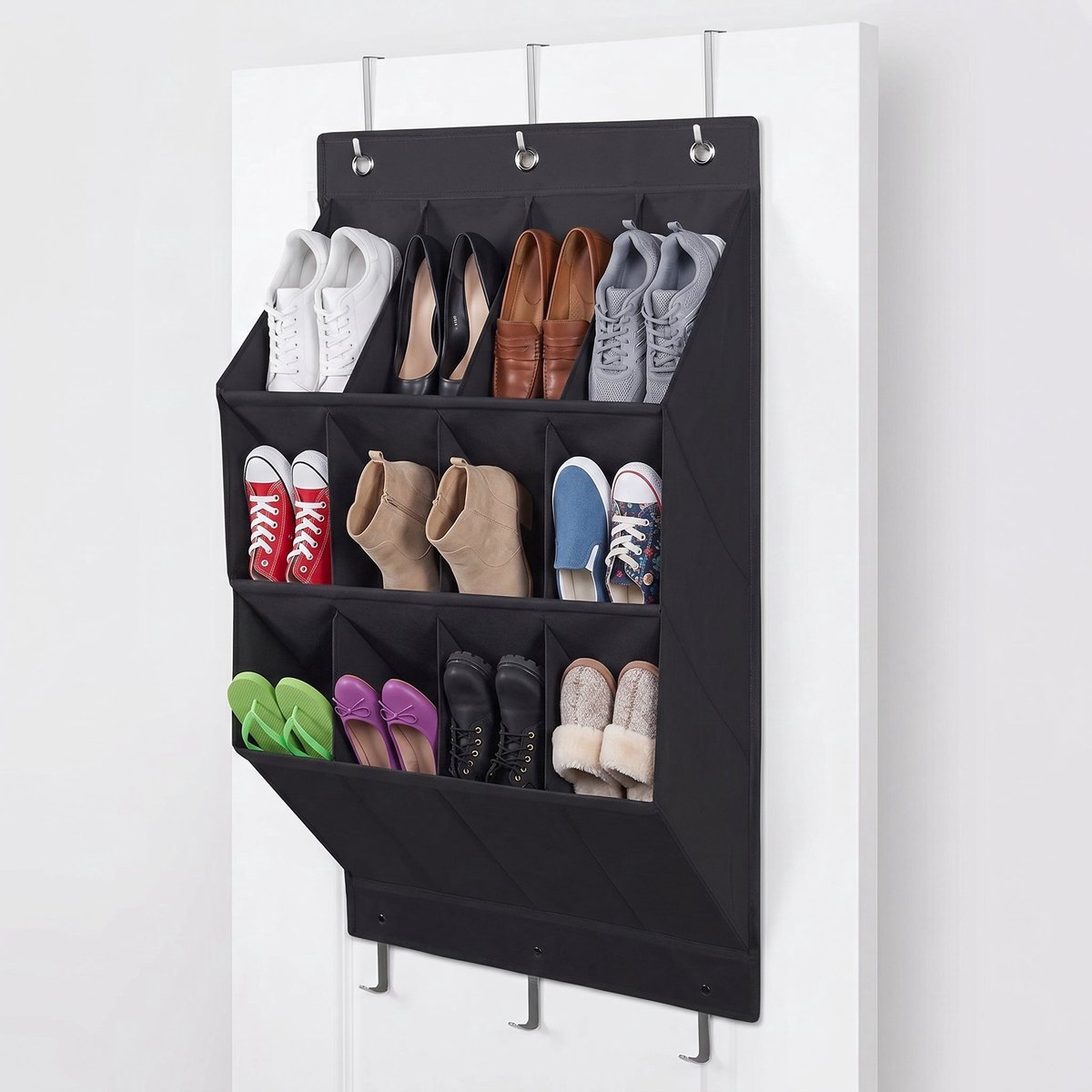 Cheqo® Schoenenorganizer - Hangend Schoenenrek voor aan de Deur - Hangende Schoenenzak met 12 Vakken - Schoen Organizer voor 6 Paar Schoenen - Schoenenkast Hangend - Schoenenopberger - Deurhanger - Opbergsysteem - Ruimtebesparend - Zwart