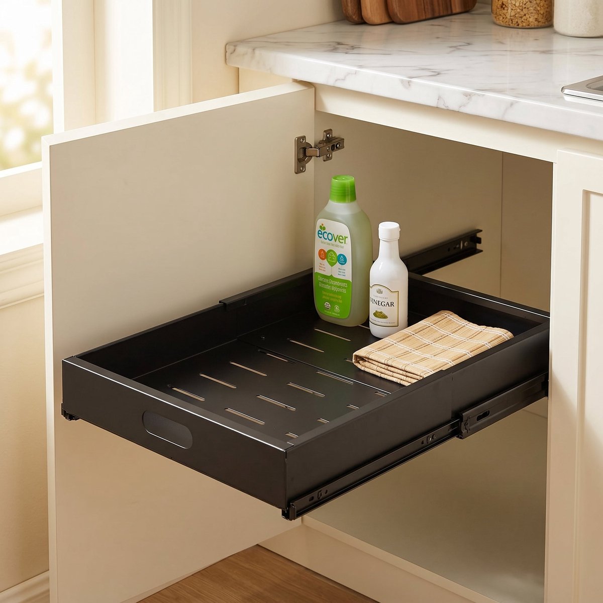 Cheqo® Schuiflade Keukenkast - Keukenkast Organizer - Uittrekbare Lade - Verstelbaar en Telescopisch - Gootsteenkast Organizer - Binnenlade Keuken - Keukenlade - Kast Organizer met Uitschuifbare Lade - Zonder Boren - Aanrecht en Lade Organizer