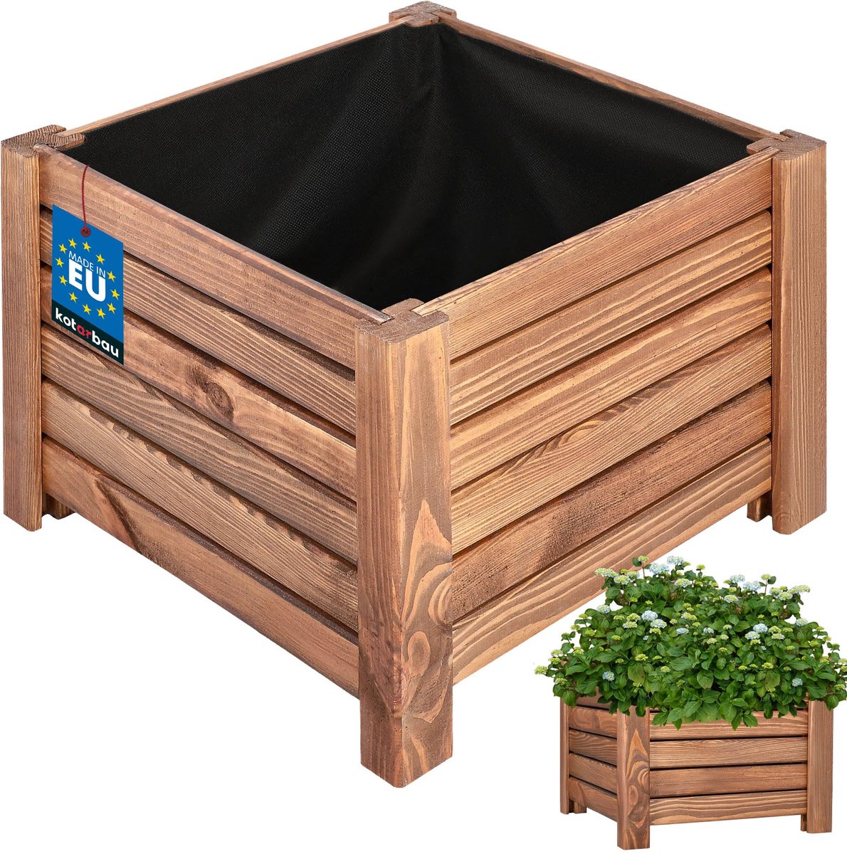 KOTARBAU® Houten Plantenbak, Kiefernhout, 38 x 38 x 30 cm, Bruin, Houten Bloembak, Plantenbak voor Buiten, met Vlies, voor Tuin, Terras, Balkon