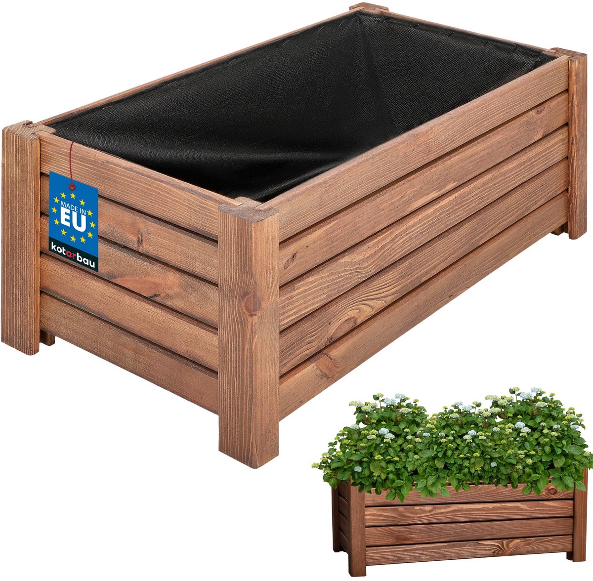 KOTARBAU® Houten Plantenbak, Kiefernhout, 60 x 33 x 25 cm, Bruin, Houten Bloembak, Plantenbak voor Buiten, met Vlies, voor Tuin, Terras, Balkon