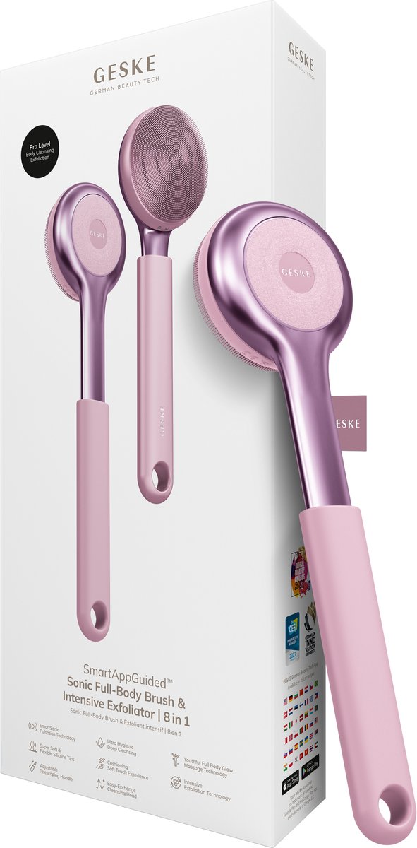 GESKE Sonic Full-Body Brush & Intensive Exfoliator | 8 in 1 | Reinigingsborstel | Met SmartSonic-pulsaties | Diepe reiniging, peeling, massage | Uitschuifbare handgreep | Ruwe huidverwijderaar