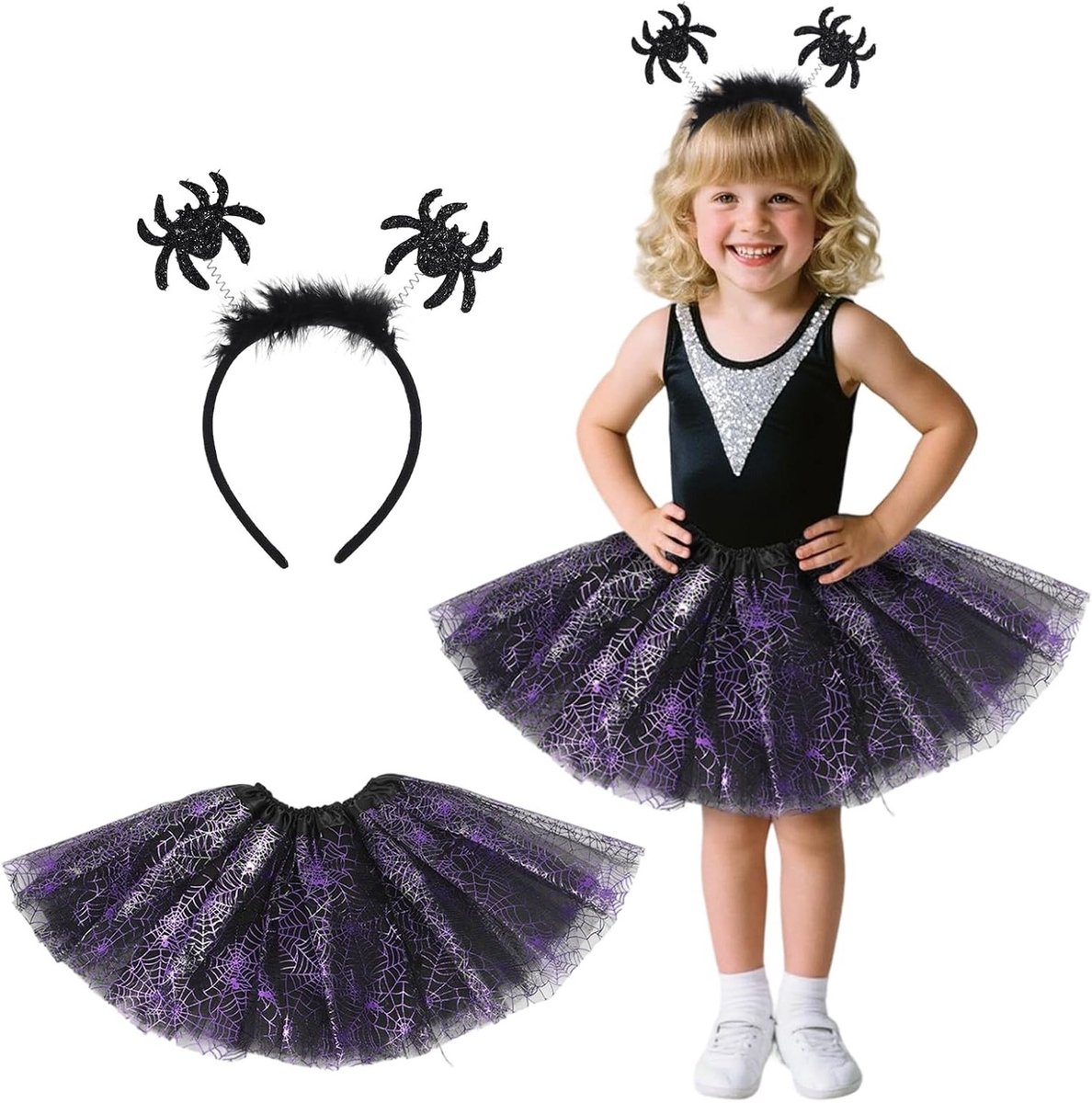 Heksenkostuum Dames - 2-delig Halloween Kostuum - Spinnennet Tule Rok - Veer Haarspeld - Carnaval/Party - Geschikt voor Kinderen/Volwassenen - Feestkostuum