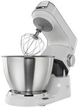 Robot pâtissier Kenwood blanc avec bol inox et fouet.