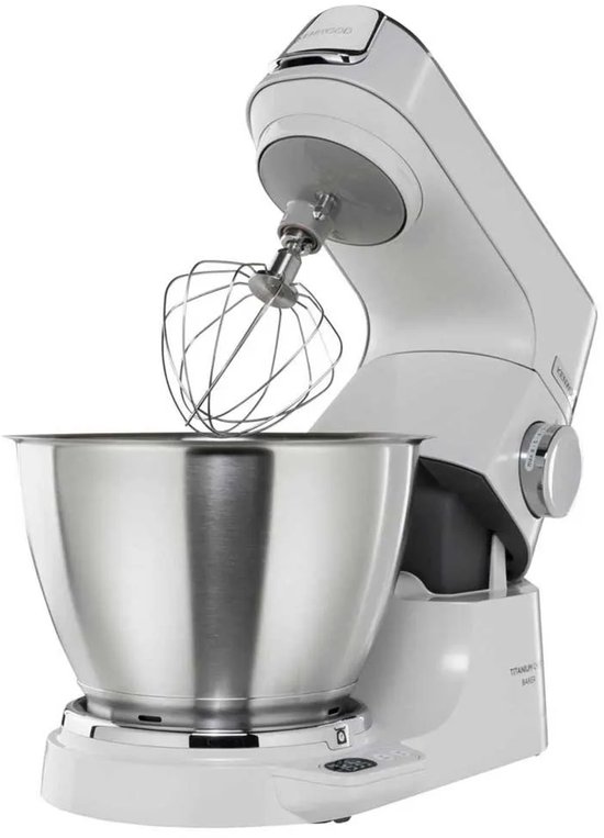 Robot pâtissier Kenwood blanc avec bol inox et fouet.