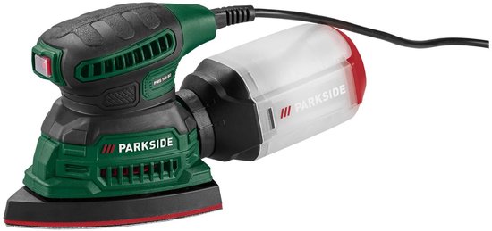 Groene en zwarte Parkside schuurmachine met stofopvangbak, van opzij.