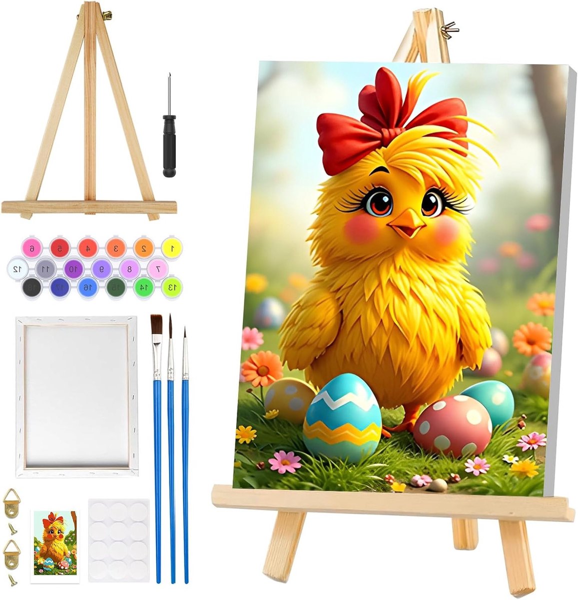 Volwassen Schilderen op Nummer met Lijst, Paaseieren Schilderen met Houten Easel, DIY Olieverf Canvas Set voor Creatieve Kunstenaars