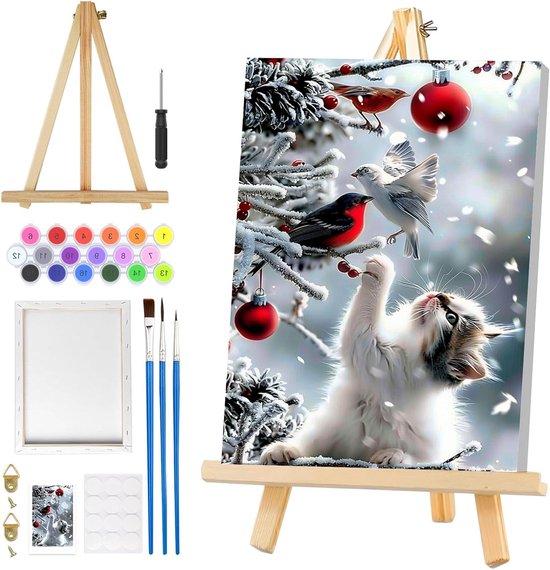Kerst schilderij voor kattenliefhebbers, schilderen op nummer voor volwassenen en kinderen, DIY dieren kunstset met winterlandschap en ezel