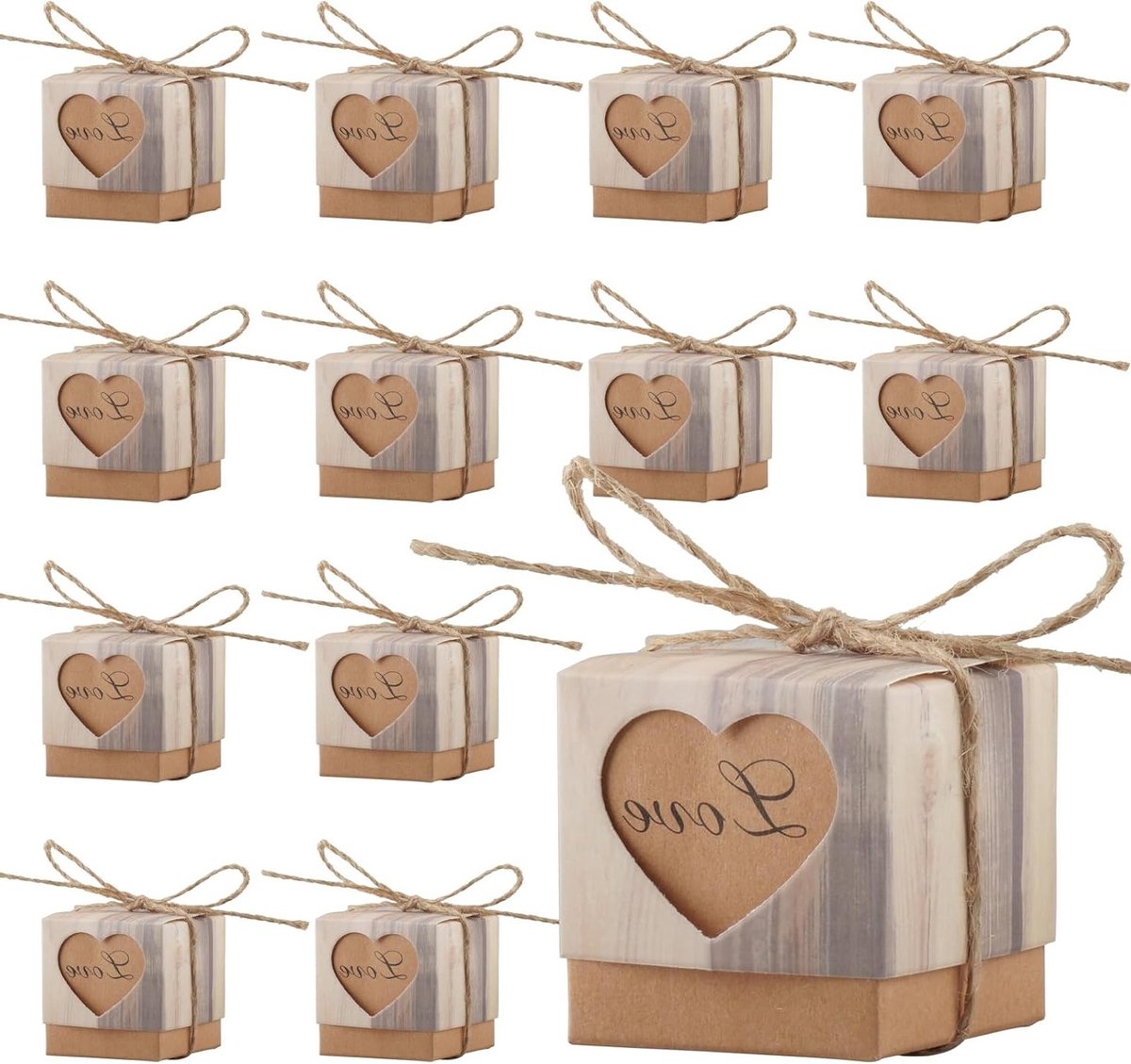 50 Stuks Kleine Kraft Papieren Dozen met Hartvormige Uitsnijding voor Trouwen, Verjaardag en Feestjes, 5 x 5 x 5 cm, Perfect voor Snoepjes en Souvenirs