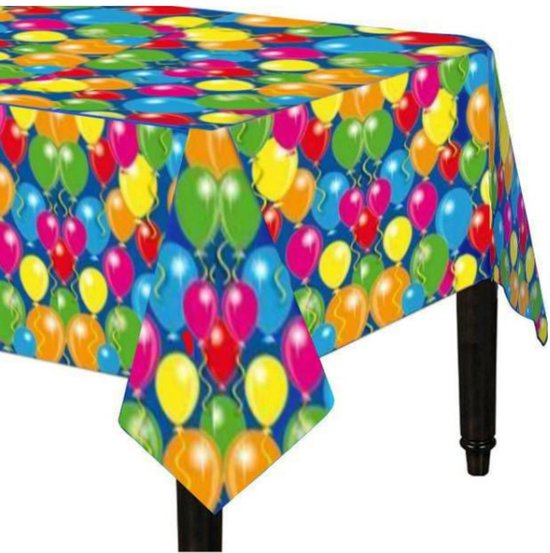 Blauw tafelkleed met een patroon van kleurrijke ballonnen.