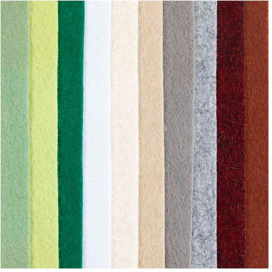 Tien stroken vilt in verschillende kleuren: lichtgroen, limegroen, donkergroen, wit, crème, beige, lichtgrijs, grijs en roodbruin.